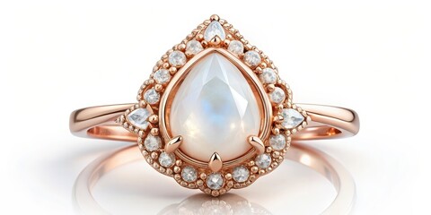 Elegant rose gold ring featuring a beautiful pear-shaped moonstone at its center, adorned with intricate diamond accents and ornate details , sophistication, accessory