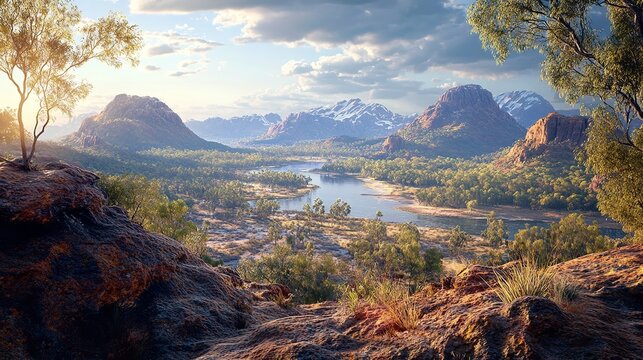 Aboriginal dreamtime creation of Australia by a rainbow serpent, its mountains rivers.

