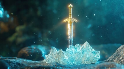 Naklejka premium Golden sword embedded in a bed of icy crystals.