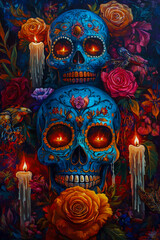 Fototapeta premium Vibrantly colored blue and orange sugar skulls adorned with a combination of roses, flickering candles, and vibrant flowers, capturing the essence of the Day of the Dead celebration.