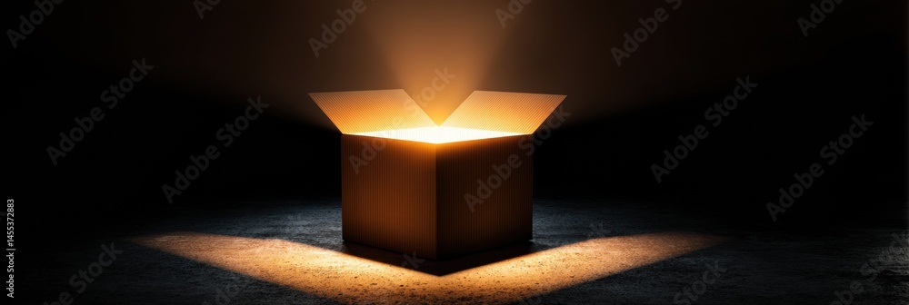 Poster Mysterious Open Cardboard Box Emits Captivating Glow in a Dark Room Generative AI