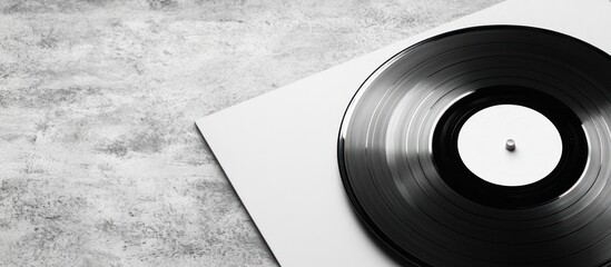 Vinyl record on white sleeve, grey background; music album art mockup
