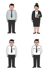 A minimal flat design set of 4 diverse office staff characters in different roles, standing on a white background, clean and modern style.