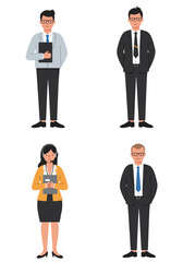 A minimal flat design set of 4 diverse office staff characters in different roles, standing on a white background, clean and modern style.