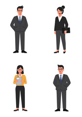 A minimal flat design set of 4 diverse office staff characters in different roles, standing on a white background, clean and modern style.