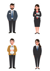 A minimal flat design set of 4 diverse office staff characters in different roles, standing on a white background, clean and modern style.