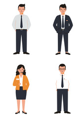 A minimal flat design set of 4 diverse office staff characters in different roles, standing on a white background, clean and modern style.