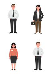 A minimal flat design set of 4 diverse office staff characters in different roles, standing on a white background, clean and modern style.