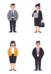 A minimal flat design set of 4 diverse office staff characters in different roles, standing on a white background, clean and modern style.