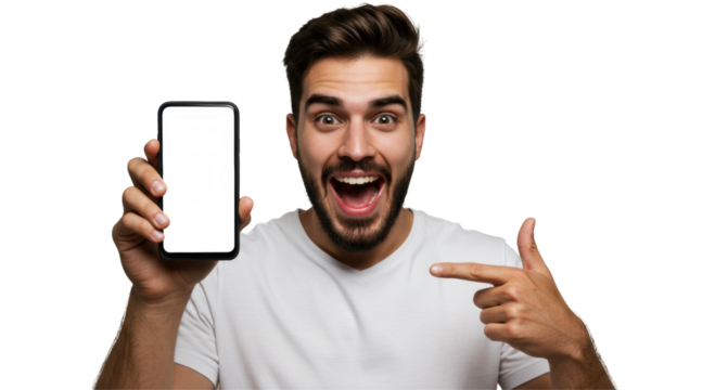 Young Man Holding Phone and Smiling with Happiness and Success Isolated on Transparent PNG Background – Excited Male Celebrating Achievement, Ideal for Positive, Technology, and Success Themes - Powered by Adobe