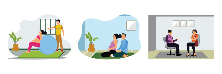 Pregnant women exercise with stability balls, practice yoga, and consult with doctors.
