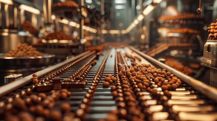 Nuts and chocolate on a factory conveyor belt