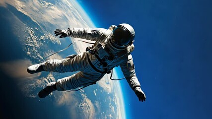 An astronaut in a spacesuit floats weightlessly above Earth, surrounded by the vastness of space. The planet's blue atmosphere and scattered clouds contrast with dark, star-filled cosmic background.