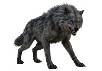 Angry Dark-Color Wolf with Intense Expression Isolated on Transparent PNG Background – Fierce Wild Animal with Sharp Eyes and Bared Teeth, Ideal for Nature, Predator, and Animal Illustrations