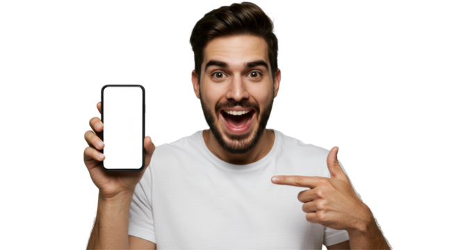 Young Man Holding Phone and Smiling with Happiness and Success Isolated on Transparent PNG Background – Excited Male Celebrating Achievement, Ideal for Positive, Technology, and Success Themes