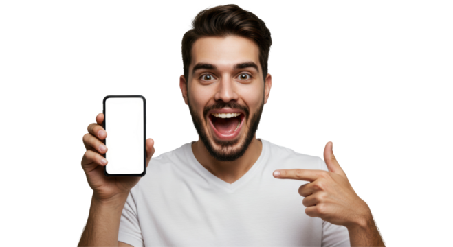 Young Man Holding Phone and Smiling with Happiness and Success Isolated on Transparent PNG Background – Excited Male Celebrating Achievement, Ideal for Positive, Technology, and Success Themes