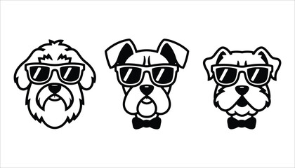  Cool Dog Faces Vector. Cartoon Dogs with Sunglasses and Bow Tie. Funny Pet Icon Set.