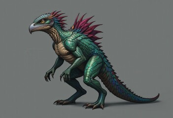 Fototapeta premium Fantasy Creature Standing with Scales and Feathers Isolated