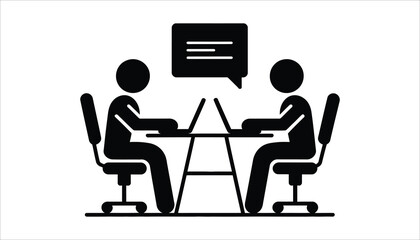 Coworking Space Vector. Two People Collaborating on Laptops. Office Communication Silhouette Icon.