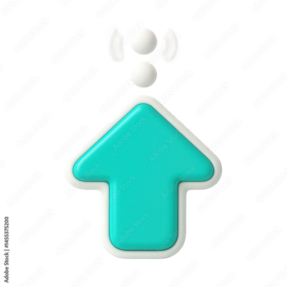 Poster vibrant teal 3d arrow pointing upward, accented by animated spheres indicating signal or upload acti