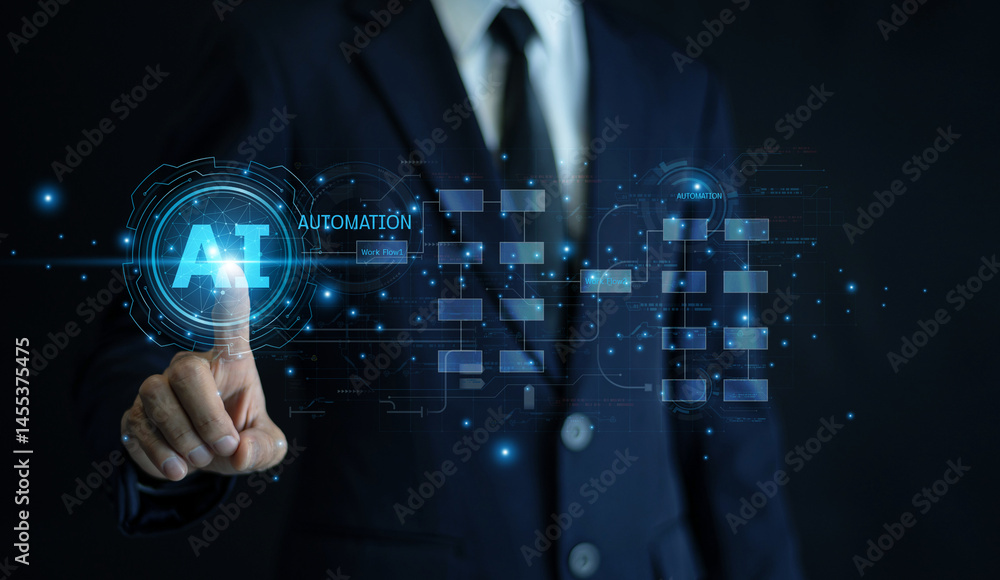 Poster male entrepreneur implementing artificial intelligence to streamline workflow and enhance business p