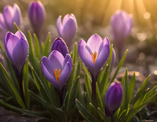 Fototapeta premium A Close-up of vibrant purple crocus flowers with morning dew droplets amidst soft golden sunlight. purple crocus flowers at sunrise.