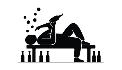 Alcohol Addiction Vector Illustration – Drunk Person Drinking Alone with Bottles Symbol