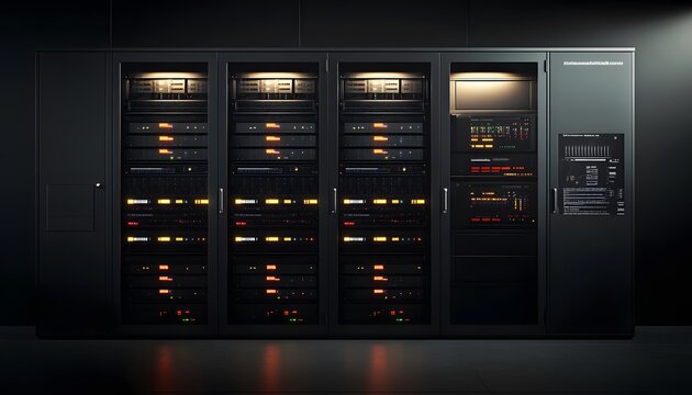 Modern Black Server Rack System With Illuminated Components - Powered by Adobe