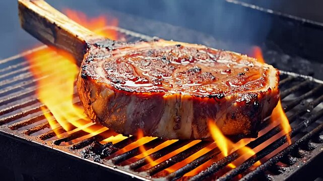 Juicy grilled tomahawk steak sizzling over open flames on a barbecue grill.