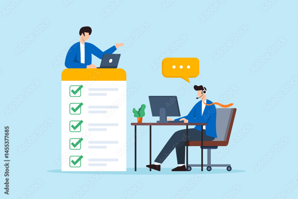 Poster flat illustration of support staff communicating checklist tasks to customer using headset and compu
