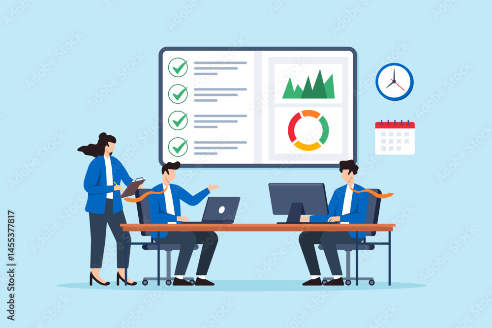Fototapete flat illustration of business staff communicating checklist tasks with dashboard and analytics repor