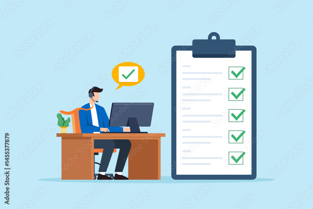Poster flat illustration of support specialist checking completed checklist with headset and computer at of