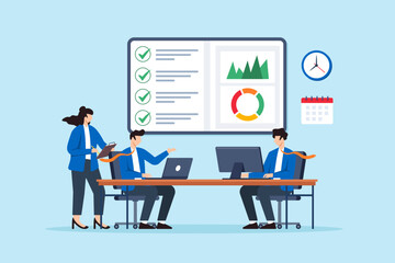 Flat illustration of business staff communicating checklist tasks with dashboard and analytics report in office teamwork discussion