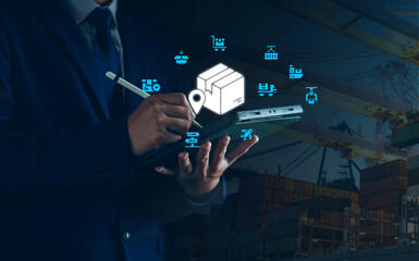 Businessman manage supply chain icon for Logistic, organizing and controlling resources to meet the...