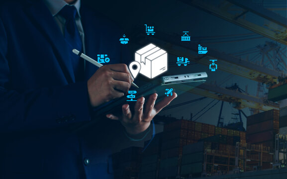 Businessman manage supply chain icon for Logistic, organizing and controlling resources to meet the needs of customers, Logistic and transport concept, Shipping port background