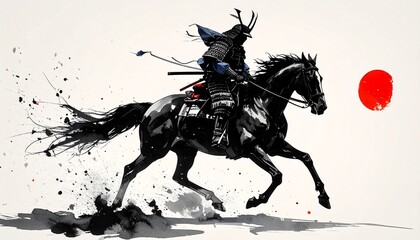 Obraz premium 水墨画で描かれた馬上の侍の人物画