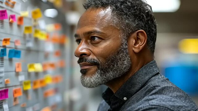 Man reviewing project board with colorful sticky notes