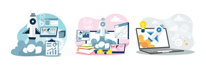 Starting a new business with rocket launches, growth charts, diagrams and light bulbs.