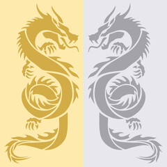 向き合った2頭の龍のシルエット 金銀背景