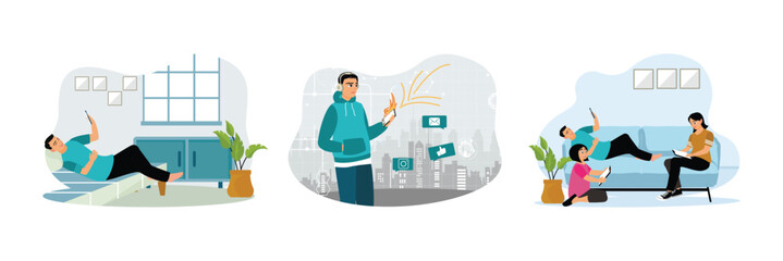 Obraz premium Young people spend time at home, surfing the internet, and playing with smartphones.