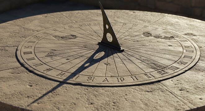 Ancient Timekeeping: A Close-Up View of a Stone Sundial Casting its Shadow, a Testament to Centuries of Time Measurement