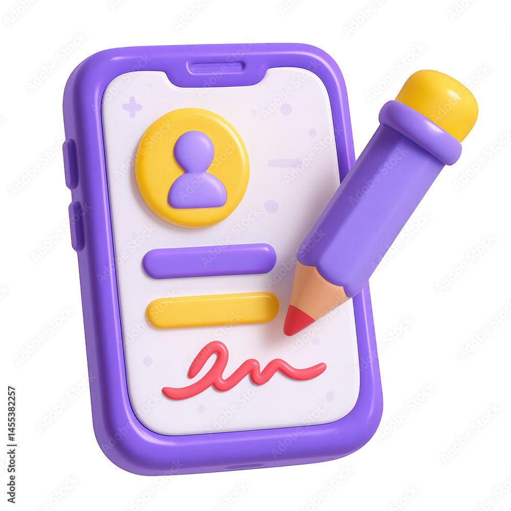 Poster bright 3d rendering of a digital signature being applied to a user profile on a smartphone screen by