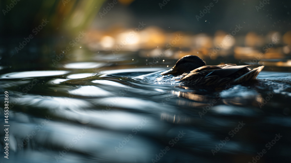 Poster close up of a duck plunk into the water, creating wavelet on the pond's surface.