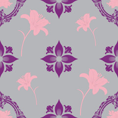 Elegant Bloom: Pink and purple flowers on a luxurious gray background.original vector