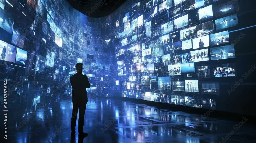 Poster silhouette man observes digital video wall displaying content streams and data analytics