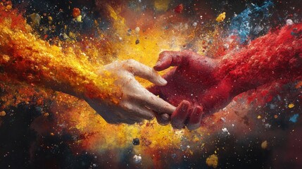 Cosmic Hands: A fiery and passionate embrace of two hands engulfed in a vibrant explosion of colors, symbolizing unity amidst chaos and the intertwining of opposing forces.