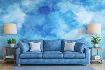 Interior living room scene with light blue sofa and wall.