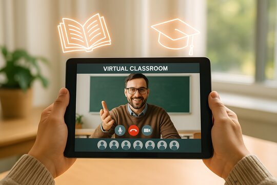 A tablet shows a smiling caucasian male instructor in a live virtual classroom with floating book and graduation cap icons above. Concept of online education and remote learning.

