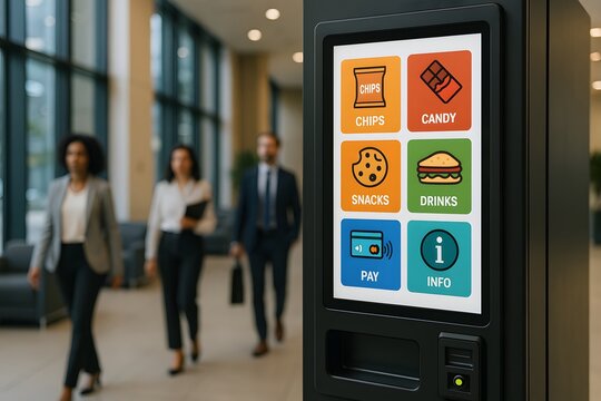 A sleek vending kiosk displays snack and drink options in a corporate lobby with professionals walking by. Concept of workplace convenience and automated refreshment service.