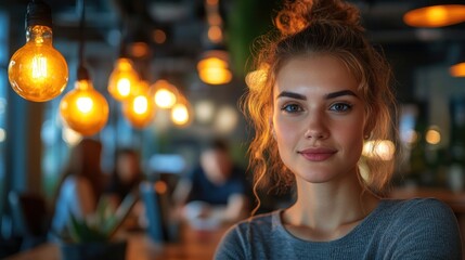 Portrait of a Young Woman in a Cafe with Warm Lighting